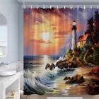 Lighthouse Shower Curtain Vintage Scenic Oil Painting Sunset Coastal Reef Wav...