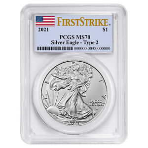 2021 $1 Type 2 American Silver Eagle PCGS MS70 FS Flag Label