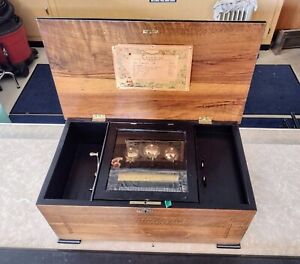 Antique Swiss 8 Song Cylinder Music Box w/ Butterfly Bells, Restored
