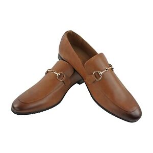 Genuine Leather Mens Cognac Brown Slip On Loafers Gold Buckle Dress Shoe AZARMAN