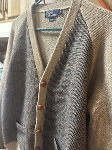 Vintage Polo Ralph Lauren Cardigan Sweater 100% WOOL Lt. Tan Houndstooth Men XL