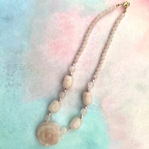 Vtg Louis Sinclair Rose Quartz Beaded Necklace Carved Rose Flower Small Pearls