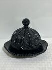 Tiara Indiana Glass Black Paneled Daisy Monarch Covered Cheese Butter Dish