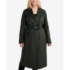 Tahari Women's Plus Size Faux-Leather-Trim Belted Wrap Coat Olive Green 2X