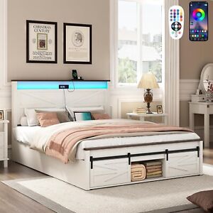 Queen Size LED Wood Farmhouse Bed Frame with Headboard and Charging Station