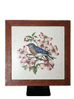 Vintage trivet tile bird flowers Robin cherry blossoms wood frame