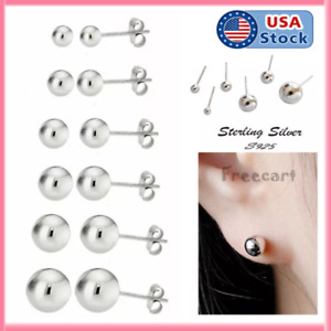 S925 Sterling Silver Round Ball Stud Earrings High Polished Butterfly Post Backs