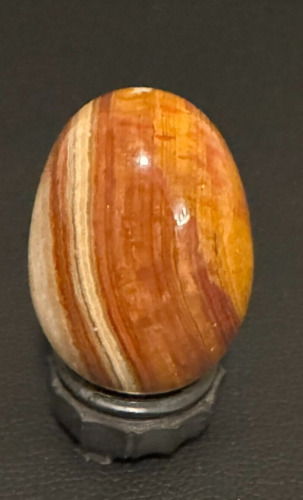 Vintage Onyx Marble Polished Stone Banded Egg w/Wood Stand 3
