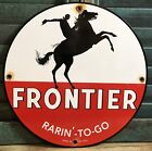 VINTAGE 1930 DATED FRONTIER GASOLINE PORCELAIN SIGN GAS RARIN’ TO GO PUMP PLATE