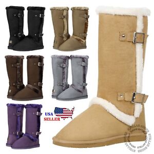 New Women's Mid Calf Twin Buckle Winter Snow Fur Faux Suede Fashion Boots