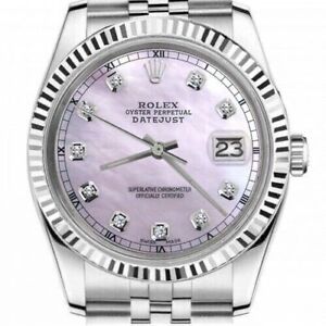 36 mm Rolex Datejust Pink Mother Of Pearl Diamond Dial Steel Watch Gold Bezel