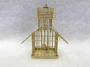 Vintage Christmas Ornament Metal Wire Bird Cage with Bird on Swing 3 1/2