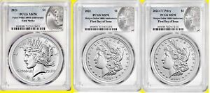 2021 Morgan CC P and Peace Silver Dollar 3 COINS SET PCGS MS 70 FIRST DAY ISSUE