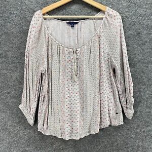 American Eagle Blouse Women L Large Gray Floral Round Neck 3/4 Sleeve Tasseled
