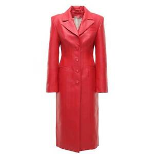 Women Red Leather Long Coat Pure Lambskin Biker Trench Coat Size S M L XL  - 343