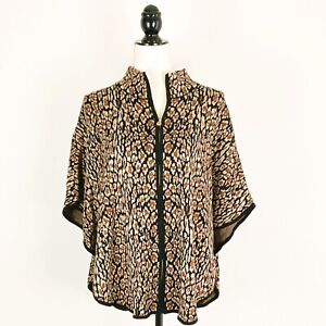 Anne Klein Knit Sweater Poncho Cape Shawl Full Zip Brown Black Leopard Pullover