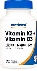 Nutricost Vitamin K2 (100mcg) + Vitamin D3 (5000 IU) 120 Softgels - Gluten Free