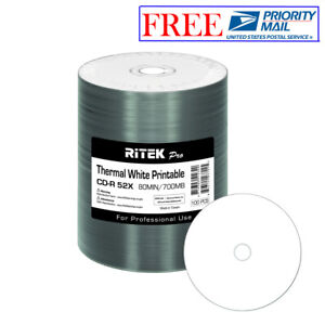 100 Pack Ritek Pro CD-R 52X 700MB White Thermal Hub Printable Blank Media Disc