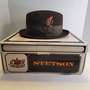 Royal Stetson Mens Hat Size 6 7/8 Dark Brown With Feather And Original Box