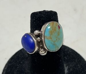 Sterling Silver Vtg Turquoise Lapis Lazuli Ring Old Pawn 8.3G