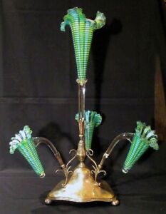 RARE VICTORIAN THREADED STRIPED GLASS EPERGNE DIXON SHEFFIELD SILVERPLATED BASE