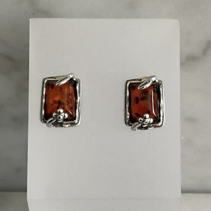 Red Baltic Amber Rectangle Stud Earrings Flower/Leaf Design 925 Sterling Silver