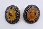 Vintage Sterling Silver Post Earrings (Pr) Amber Stone Signed 925 10g