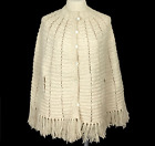 Vintage 70s Ivory Wool Crochet Poncho Fringe Cape Shawl Knitted Hippie Sweater