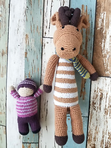 Lot of 2 Pebble Moose & Child Doll Knit Plush Rattle Toys