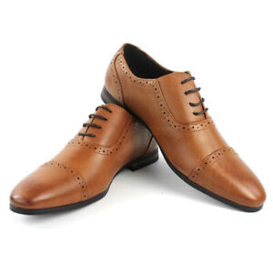Men's Cognac Dress Shoes CapToe Detailed Lace Up Oxfords Leather Lining AZARMAN