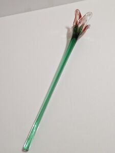 Hand Blown Art Glass Long Stem Flower. Red And Green. 14 Inches.