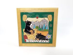 MASTERWORKS Handcrafted Ceramic Art Tile Trivet Framed, Yellowstone Black Bear