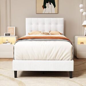 WHITE Size Upholstered Platform Bed Frame with Button Tufted Linen Head
