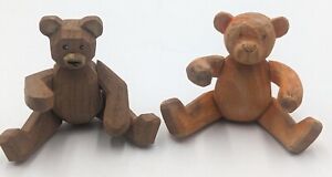 Two Vintage Wooden Hand-Carved Jointed Teddy Bear Rubber Band Kinetics primitive