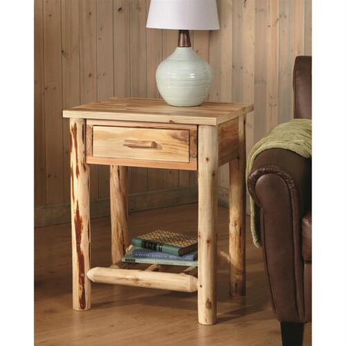 Wood Farmhouse End Table Rustic Cabin Side Drawer Log Nightstand Bedside Natural