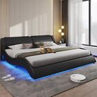 Queen Bed Frame with LED Lights Modern Bed Black W/Leather Upholstered Platform