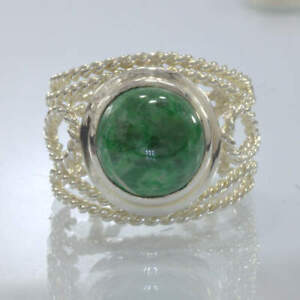 Burma Mawsitsit Green Cabochon Handmade Silver Ring size 10.5 Filigree Design 86