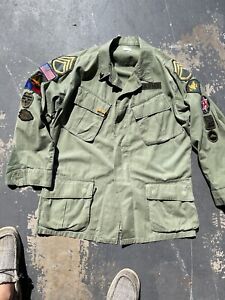 Vtg 1968 Vietnam OG 107 Slant Pocket Jungle Jacket Shirt Ripstop Med Reg Patches