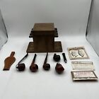 Vintage Wooden Smoking Tobacco Humidor W/AZTECK  Stone 6 Pipe Stand Holder