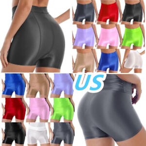 US Womens Shiny Glossy Hot Pants Stretch Shorts Athletic Yoga Booty Underwear