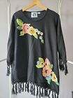 Storybook Knits Fringed Sweater Embroidered Black Floral Pullover Size 1X