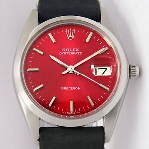 Rolex OysterDate Precision Sunburst Red Dial Vintage Mens Steel Watch 6694