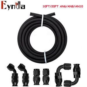 AN4/6/8/10 Nylon Braided PTFE Fuel Line 10/20FT 6PCS Fittings Hose Kit E85 Black