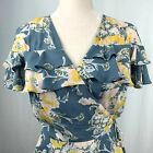 June and Hudson Wrap Top L Floral Blue Yellow Peplum Tie Waist Ruffle Sleeves