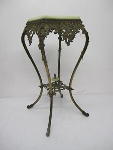Antique Victorian Art Nouveau Cast Brass Fern Plant Table Pedestal Marble Top