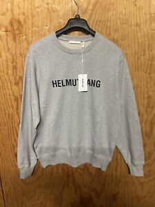 $210 Helmut Lang Men's Gray Cotton Logo Pullover Crewneck Sweater Size Medium