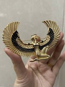 BROOCH Pin Black Enamel Egyptian God Wings Gold Tone Costume Jewelry