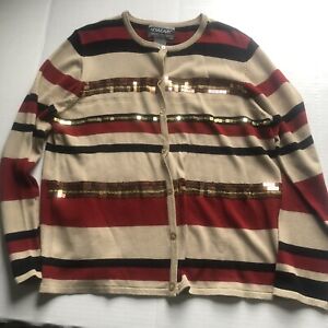 nonveanx Red Beige Gold Sequin Stripe Cardigan Sweater Vtg Sz L A672