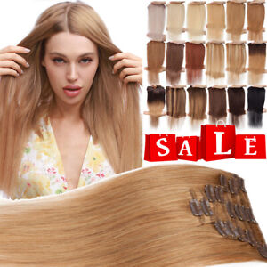 CLEARANCE 100% Human Hair Clip in Remy Hair Extensions Full Head Seamless Blonde