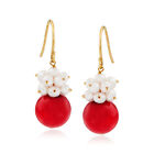 10-10.5mm Red Coral & 3-4mm Cult Prl Cluster Drop Earrings in 14k Gold